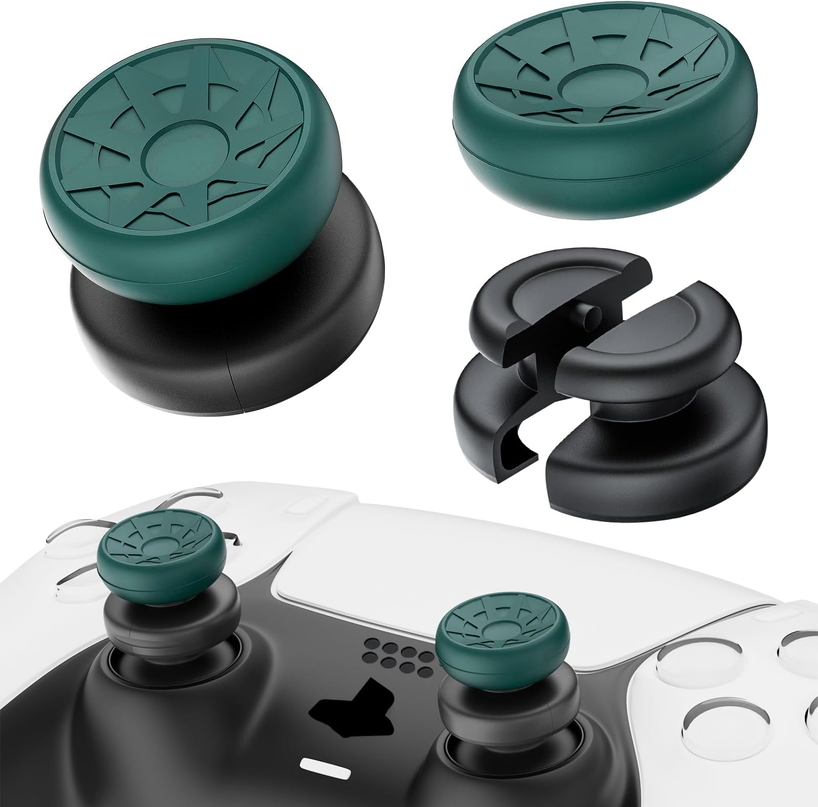 NO Falling Off Thumbstick Extender & Silicone Grip 2 Sets for PS5 & PS4 Controller (Turbo Green)