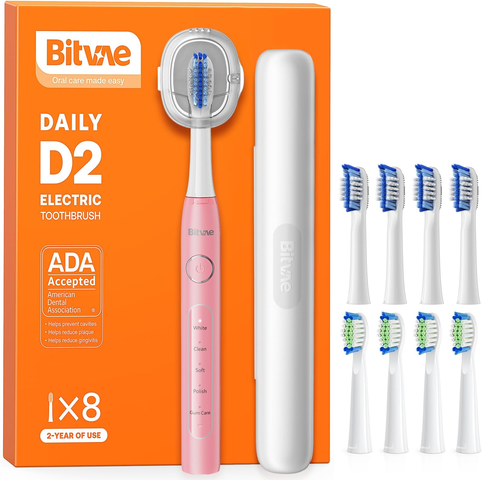 Bitvae D2 Ultrasonic Electric Toothbrush, 8 Heads, Travel Case & Holder