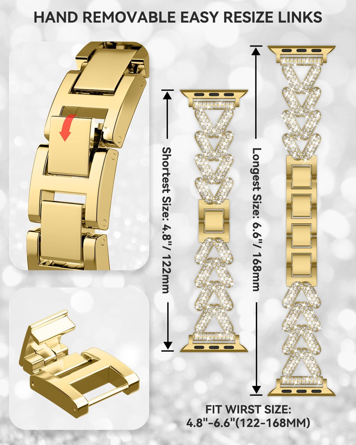 Rhinestones Encrusted Metal Bracelet and Case, Compatible with Apple Watch Bands 38mm-49mm (Series 10/1/SE/Ultra 2)- Bling Gold Women's Jewelry Strap, Luxury iWatch Bracelet with Screen Protector - Image 5