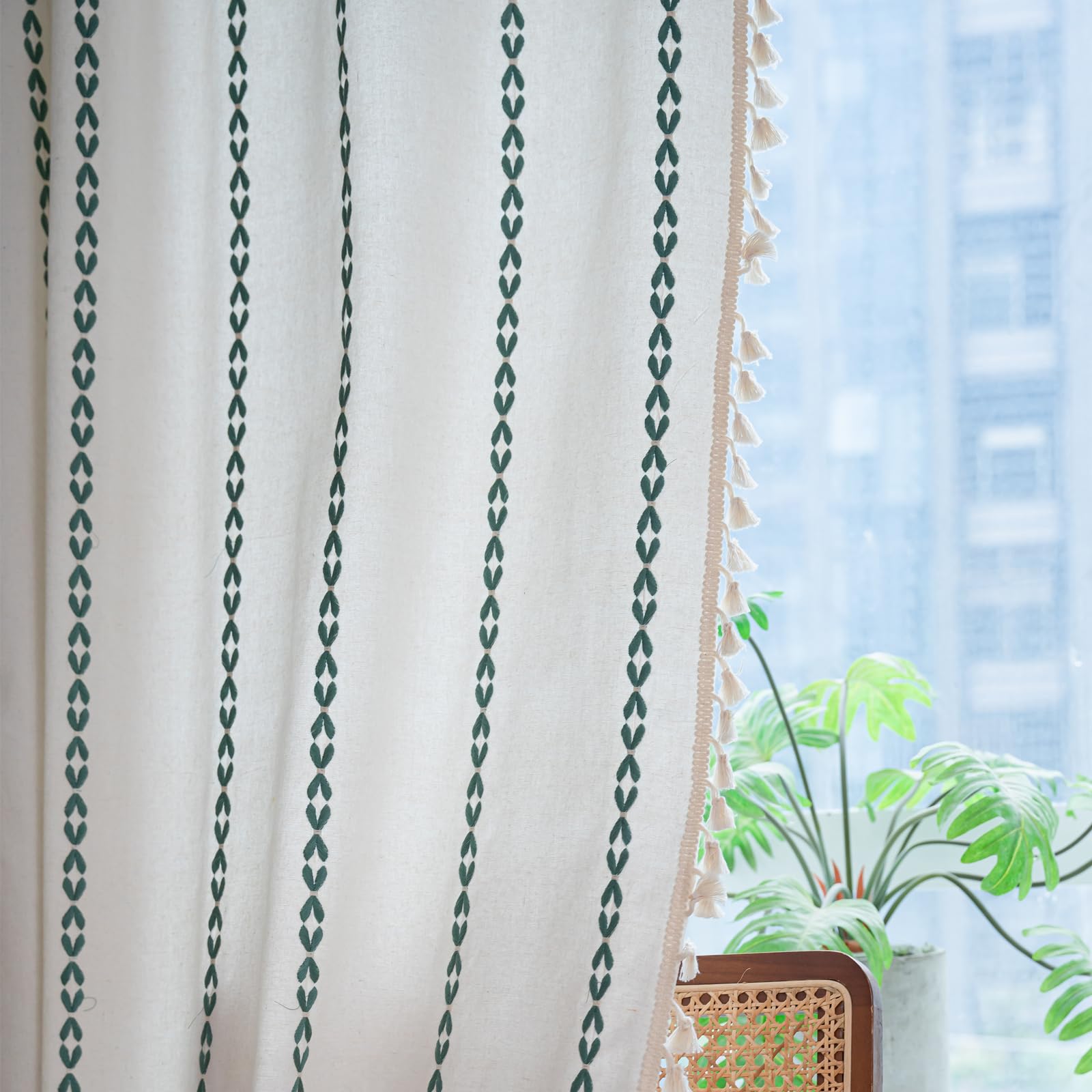 Deeprove Emerald Green Boho Curtains 96 inches Long for Bedroom Living Room, Vintage Bohemian Embroidery Cotton Striped Linen Country Tassel Window