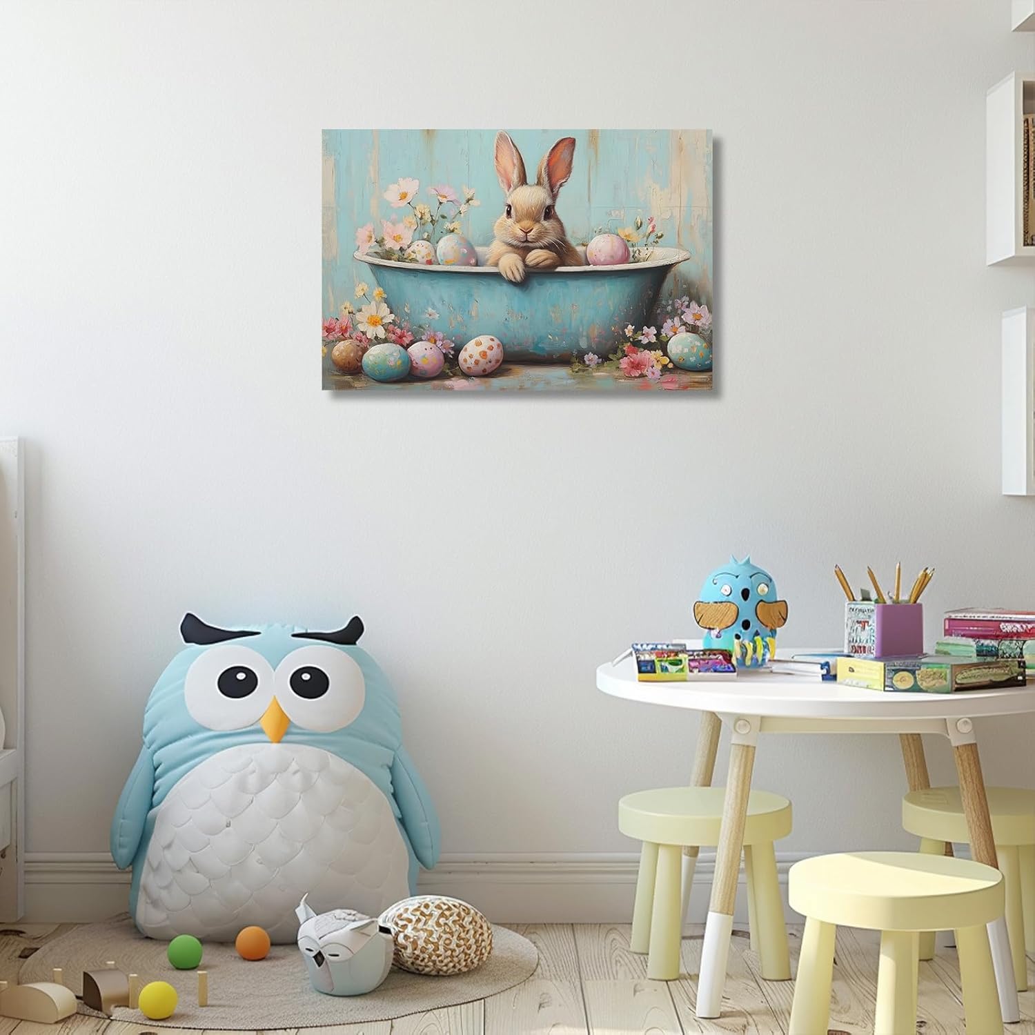 XLMDYYSW Easter Bunny Canvas Wall Art Rabbit in Bathtub Picture Print Vintage Easter Eggs Painting Blue Spring Animal Artwork Bathroom Kids Room Decor Framed (16L x 24W)
