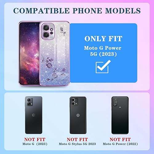 Miniatura 2 de Likiyami Funda 3 en 1 para Moto G Power 5G 2023 para mujeres y niñas, con purpurina, bonitas fundas de teléfono moradas con diseño de anillo
