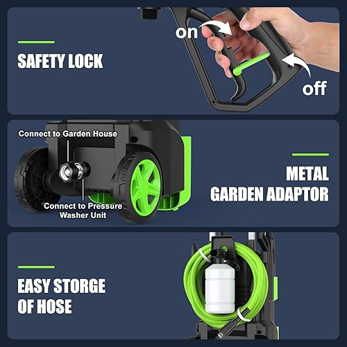 Miniatura 6 de Lavadora a presión Commowner 5000PSI. Lavadoras ajustables de presión eléctricas con manguera de 33 pies, 4 boquillas y cañón de espuma. Máquina