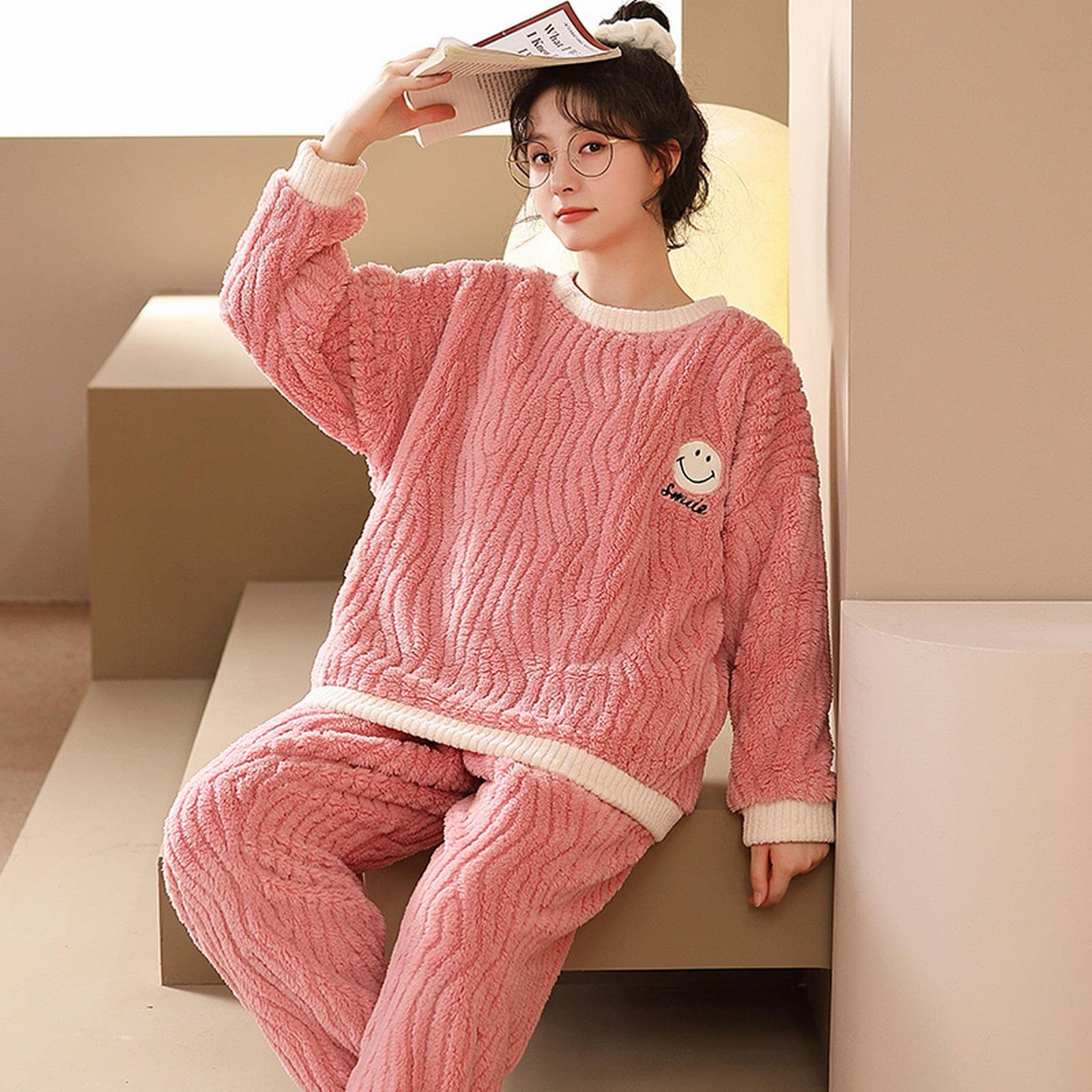 TOBILE Pijama de franela de invierno para mujer, conjunto de pijama de felpa jacquard cálido grueso para el hogar, pantalones de dos piezas, pijama 9904, M