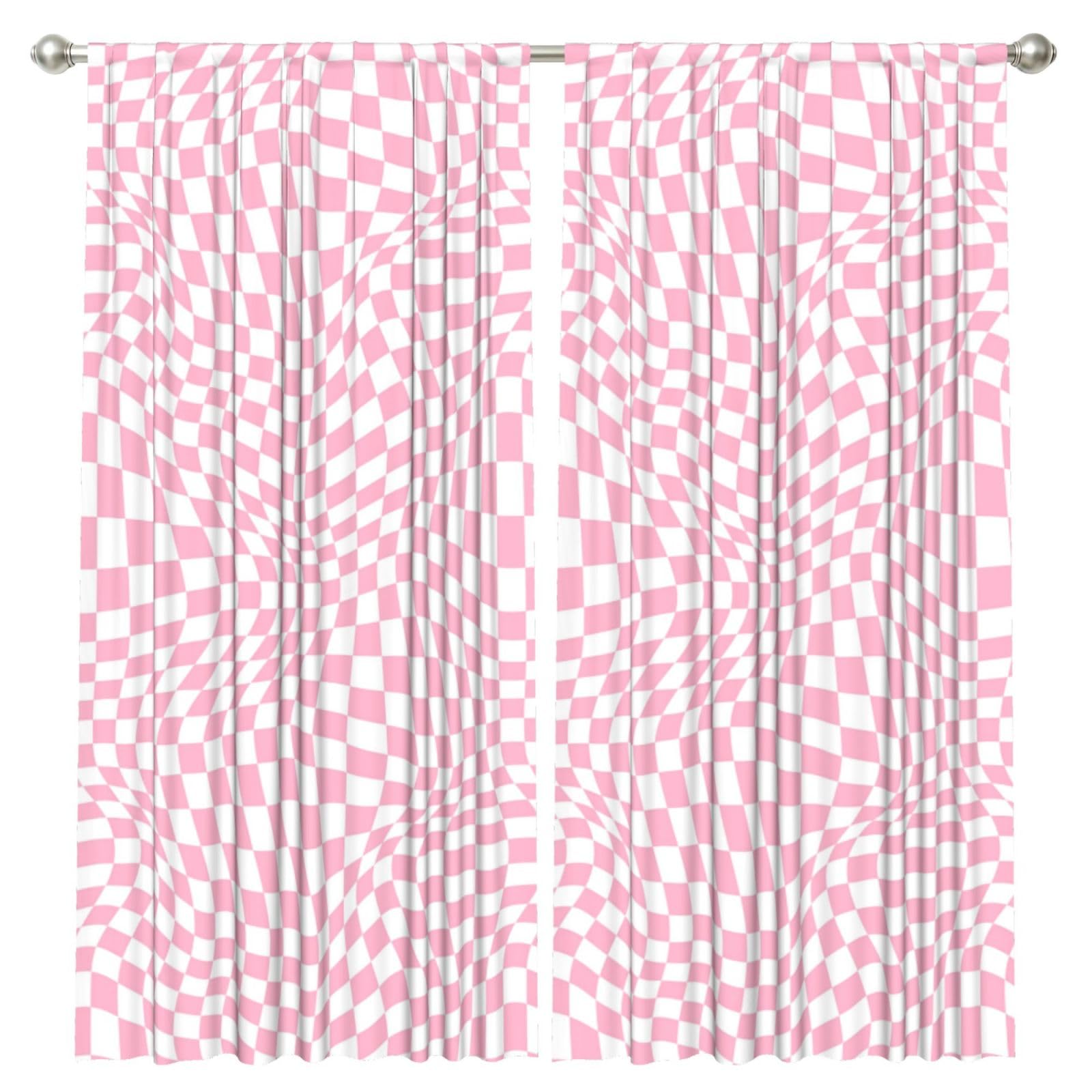 InOmak Pink Checkered, 2 Panels Window Curtains 52 x 84 Inch Blackout Curtains for Living Room Bedroom