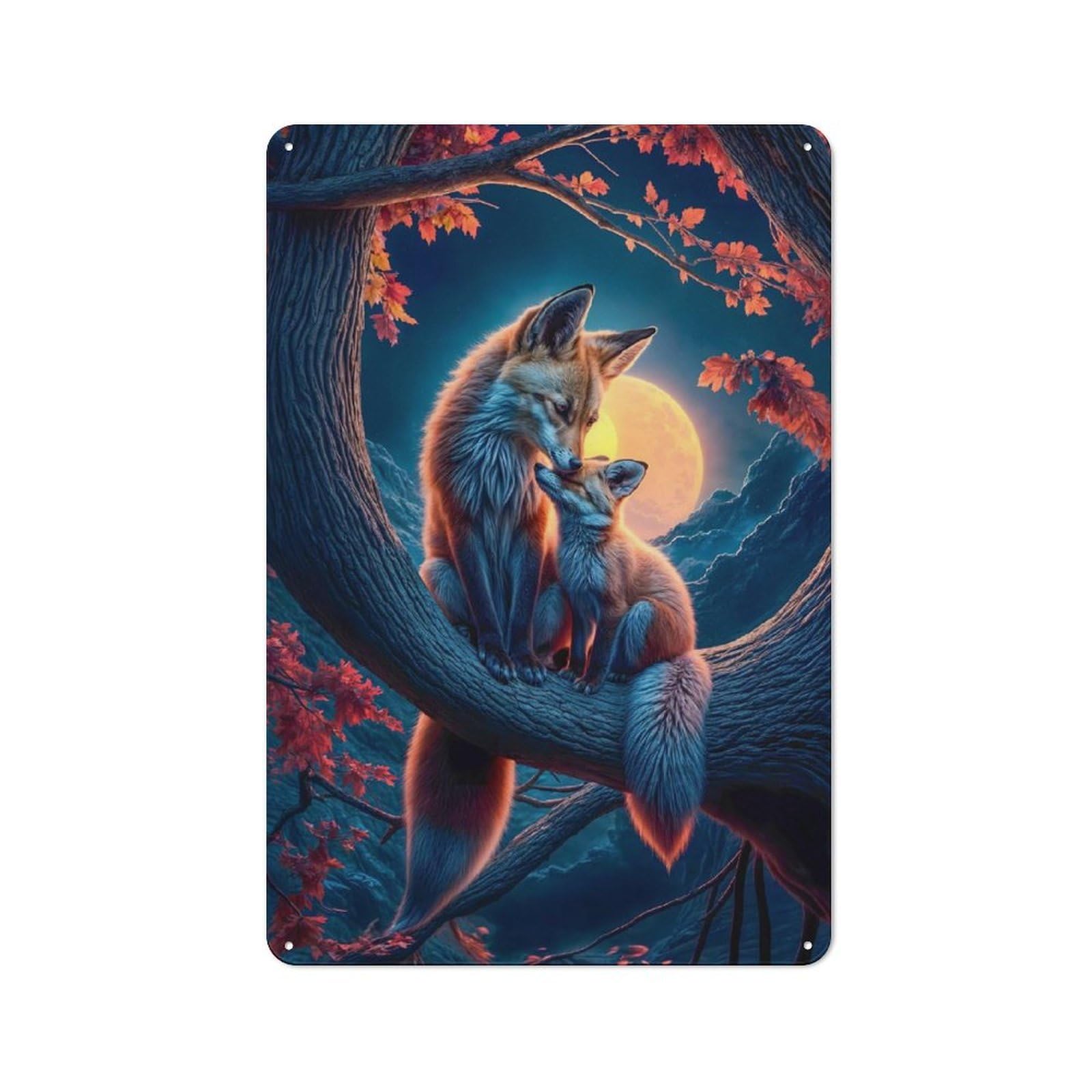 Junmoney Moonlit Fox Family Embrace Decorative Tin Plaque With Design 30X20cm, Old Style Bar Wall Plaque For Bar, Kitchen, Garage Or Games Room