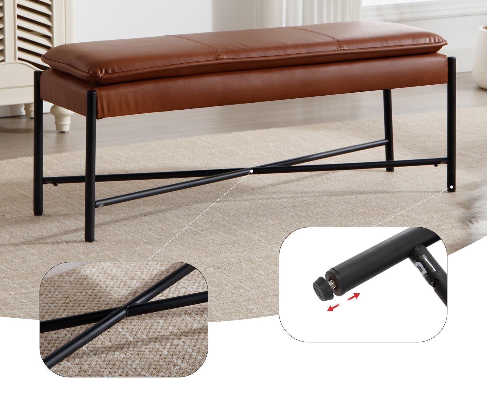 chairus Banc Entrée en Cuir PU, Bout de Lit avec Pieds en Métal, Banc Ottoman pour Chambre Salon Couloir, Marron