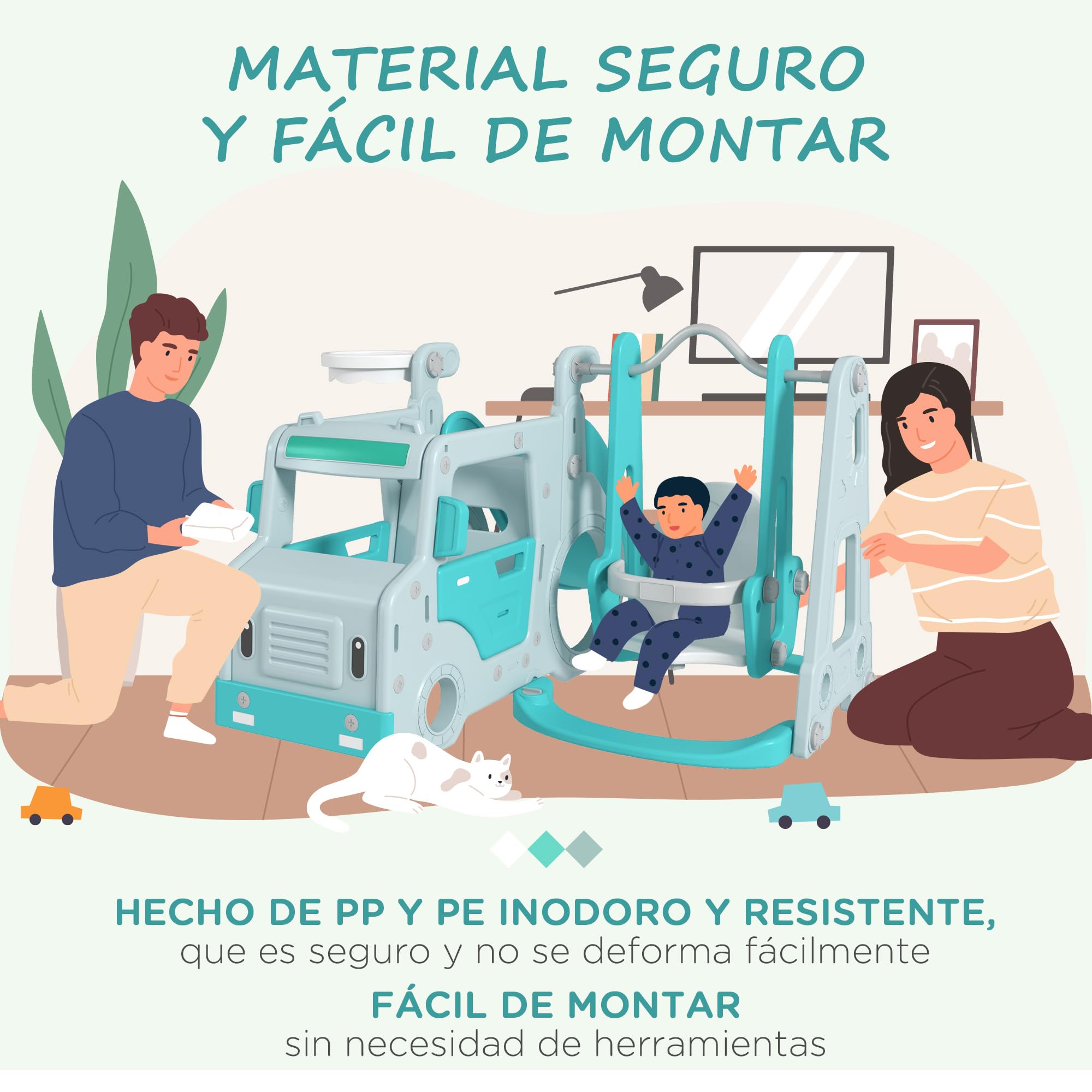 AIYAPLAY Juego de Tobogán y Columpio para Niños 6 en 1 Parque Infantil Tobogán para Bebés de 18-48 Meses con Volante Bocina y Baloncesto Carga 50 kg 201x151x87,5 cm Azul Claro