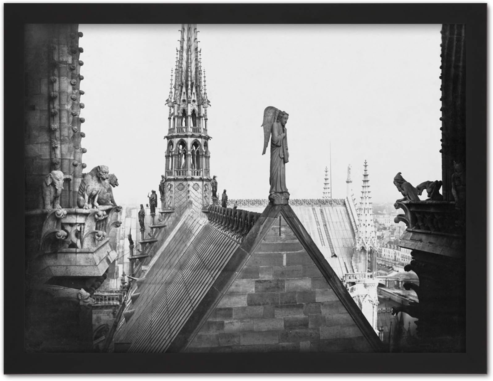 Vintage Photo Notre Dame Paris France Gargoyle Spire Roof Artwork Framed Wall Art Print 18X24 Inch