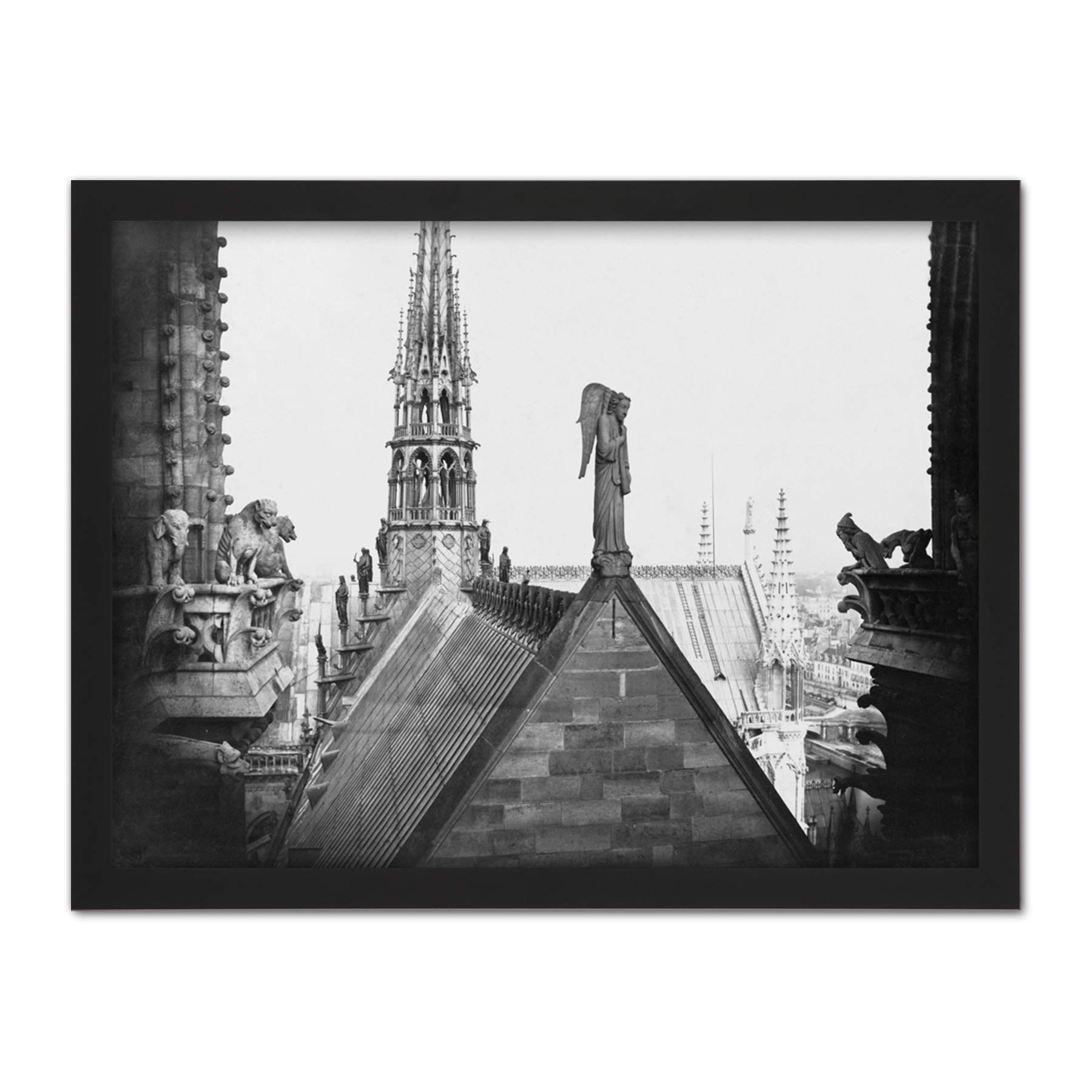 Vintage Photo Notre Dame Paris France Gargoyle Spire Roof Artwork Framed Wall Art Print 18X24 Inch