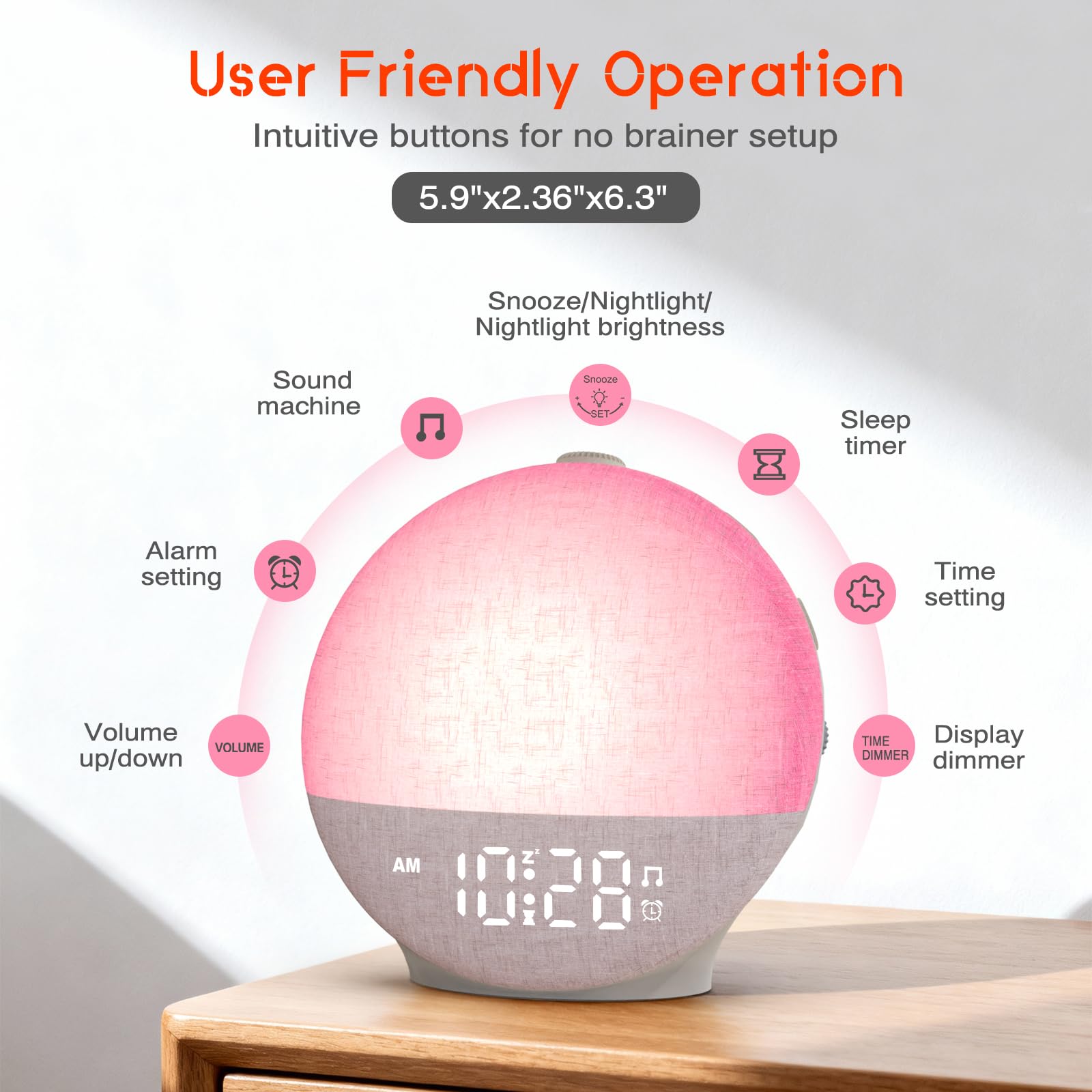 Reloj Despertador con Simulación de Amanecer, Despertador con Lámpara LED de Noche, 30 Efectos de Sonido Que Ayudan a Dormir, Función Temporizador y Snooze