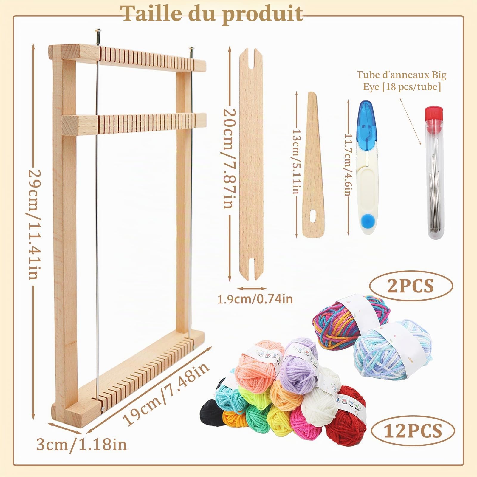 INNAL Kit de Métier à Tisser Enfant 29x19x3cm Cadre à Tisser en Bois Jouet Tissage en Bois avec Laine Multicolore Ciseaux Navette pour Débutants et Enfants Activité Manuelle Créative