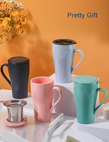 Miniatura 4 de Taza de té con infusor y tapa, taza infusor de té grande de 18 onzas, taza de té de porcelana con colador y tapa de silicona, juego de tazas de té