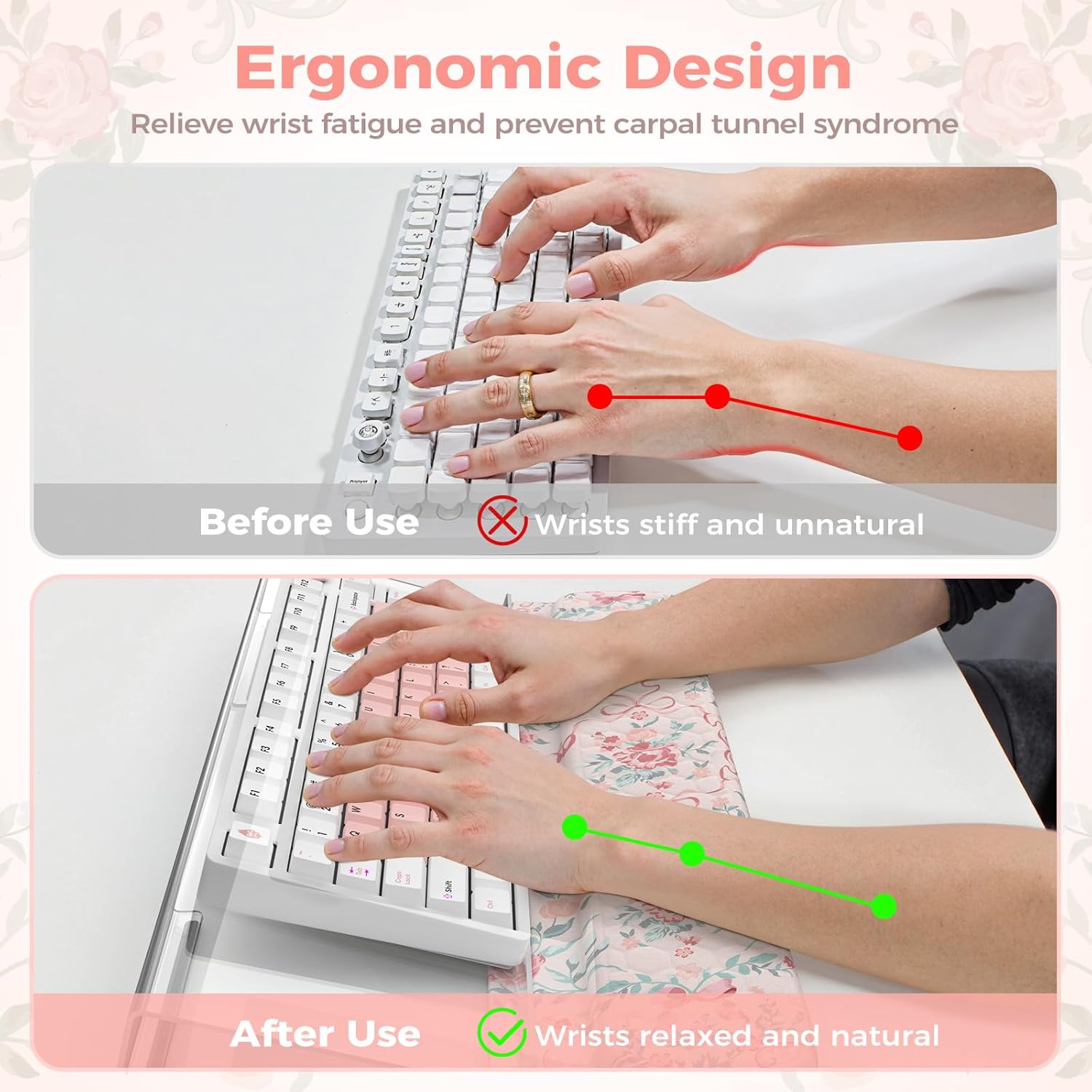 2 in 1 Wrist Support Pad for Keyboard, 3-Level Height Adjustment Keyboard Riser for Desk, Anti-Fatigue Memory Foam Keyboards Stand for Desk for Office Home(Pink Floral)