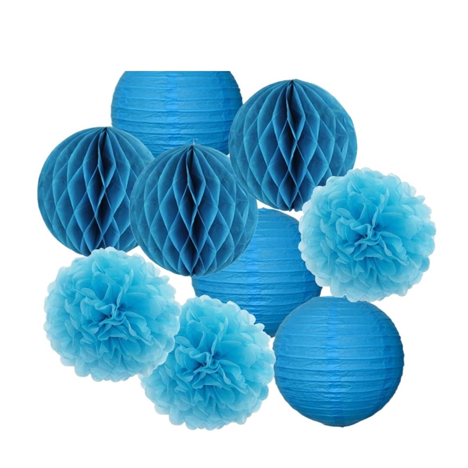 Paper Pom Poms Wedding Party Favor Hanging Round Paper Lantern 6" 8" 10" 12" Baptism Birthday Holiday Decor(Blue Set,8inch(20cm))