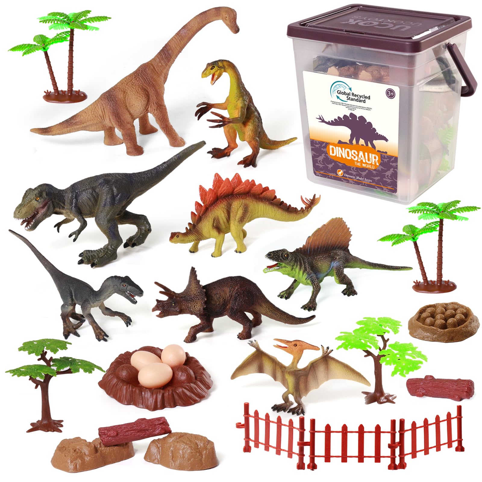 Dinosaur Figure Toys for Kids,GRS Friendly Recycled Plastic Dinosaur Figurine Toy for Boys with T Rex & Eggs & Trees & Railing for Party Favors and Birthday Gifts