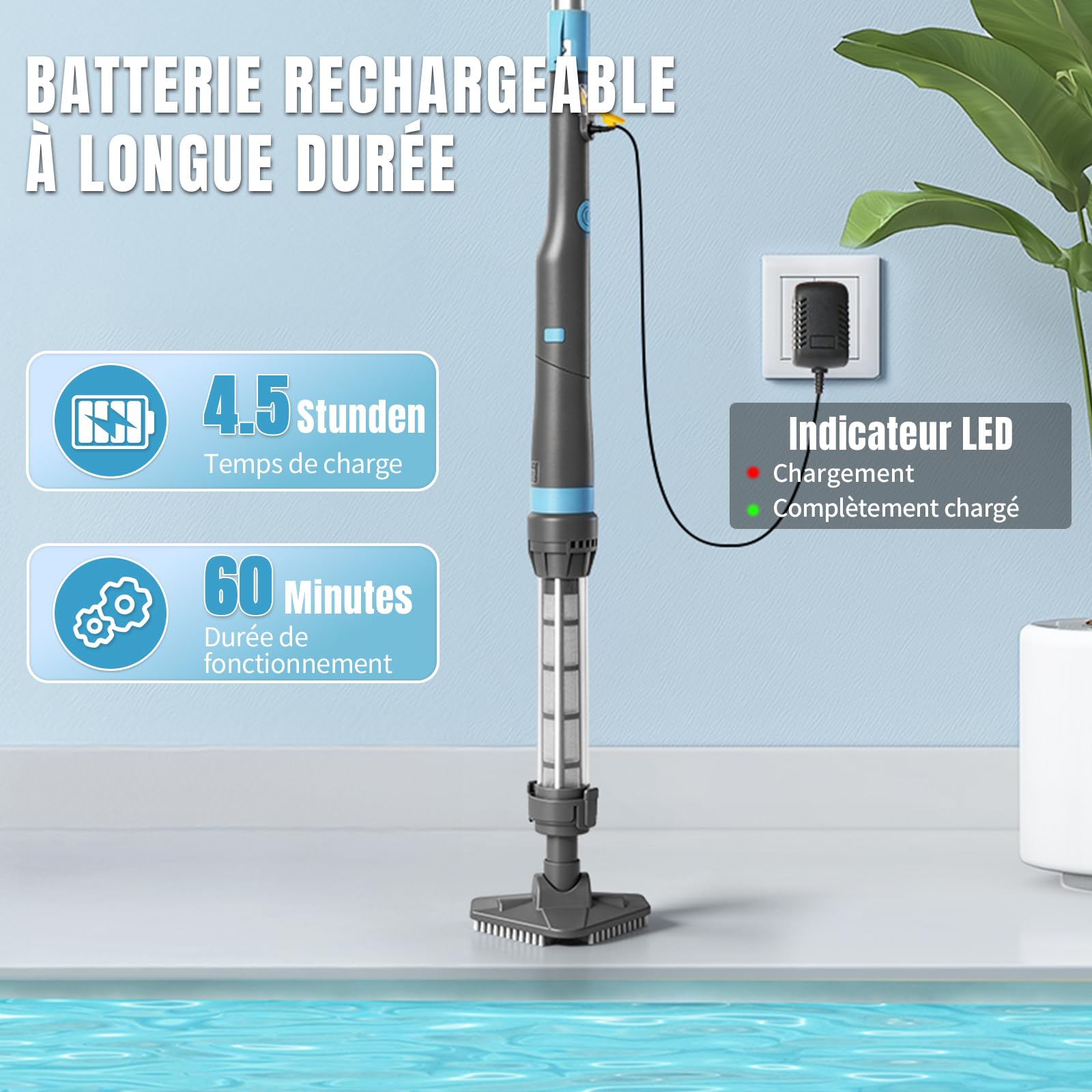 LEADZM Aspirateur Piscine Batterie sans Fil 4000mAh, Aspirateur Piscine Hors Sol pour Spa, 60 Min Autonomie, 260x18x9,5 cm (Bleu)
