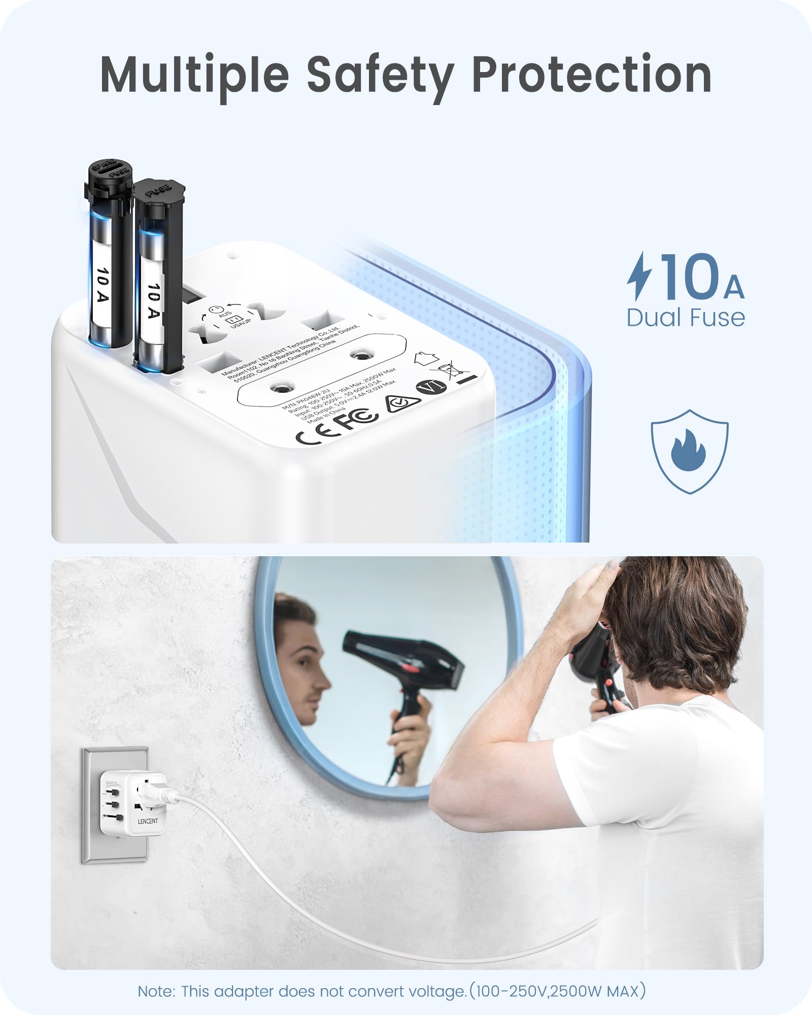 LENCENT Adattatore Spina Universale da Viaggio con 2 Porte USB Bianco per Europa/USA/UK/AUS