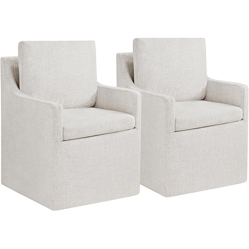 Upholstered Dining Chairs with Casters Easy Assembly Modern Accent Armchair with Rollers for Diningroom Bedroom Livingroom Reading Room,Linen,2 Boxs