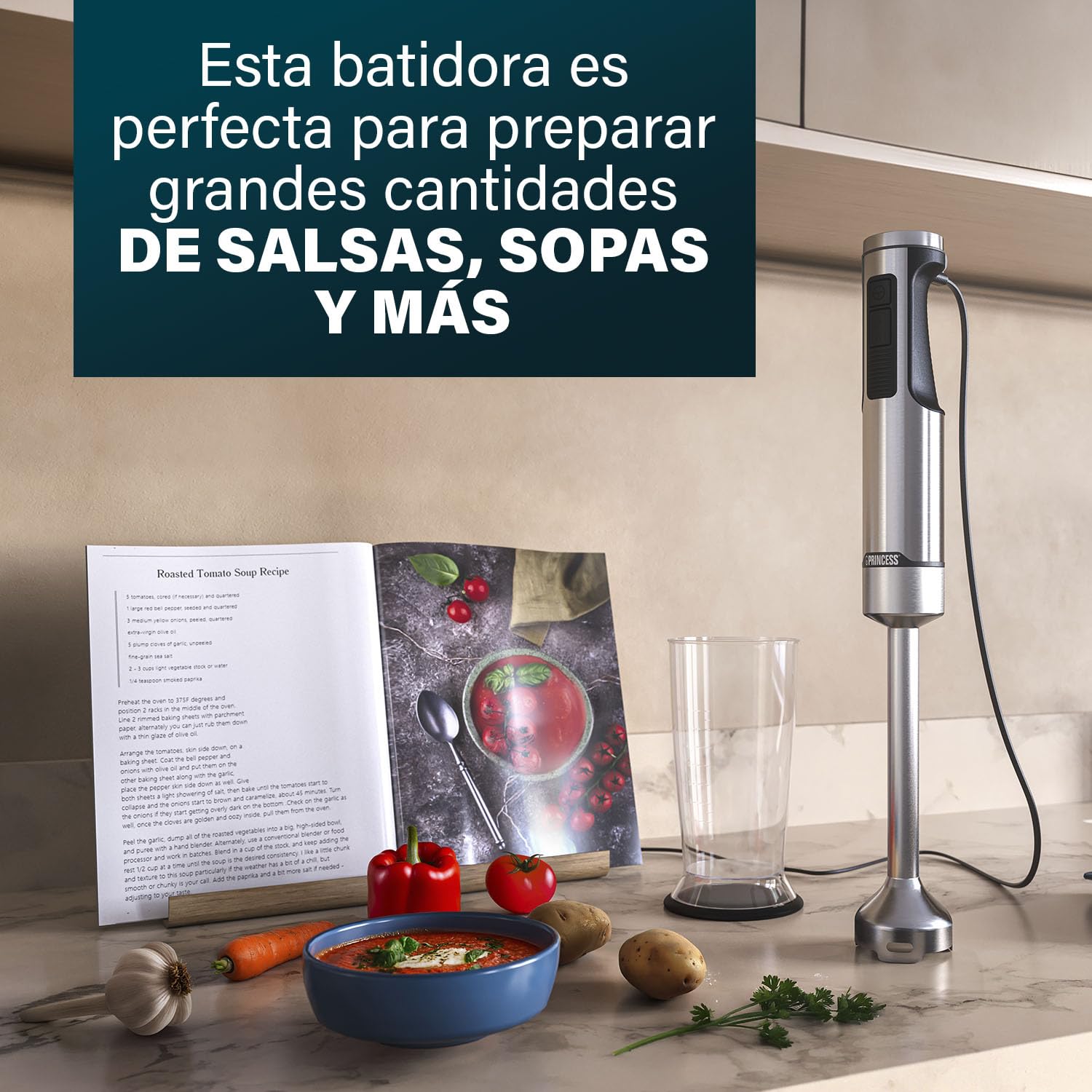 Princess Batidora de Mano de Acero Inoxidable Prof XXL, 1500W, Brazo Extra Largo 50 cm, 5 Velocidades + Turbo, 4 Cuchillas, Vaso con Tapa Antideslizante, Apta Lavavajillas, 221233