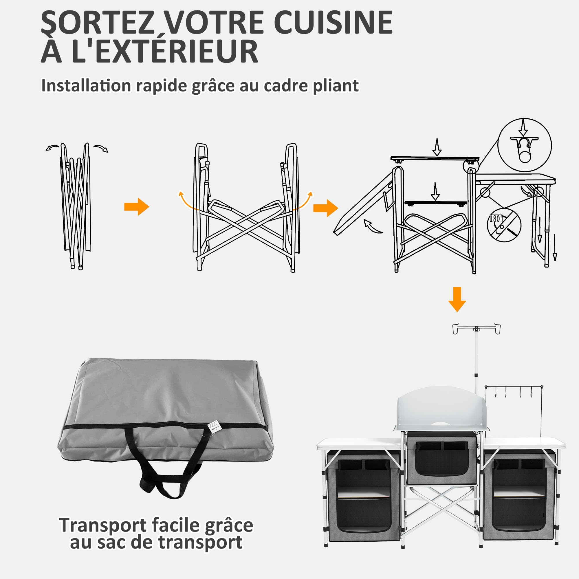 Outsunny Meuble de Cuisine pour Le Camping avec Rangement, Table d'extérieur Pliante Station de Cuisson en Aluminium avec 3 placards en Tissu, Pare-Brise, Support d'éclairage, Sac de Transport Gris