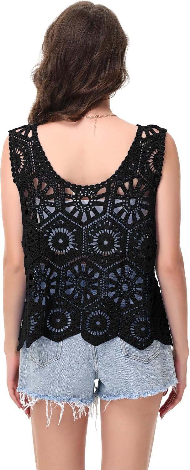 Anna-Kaci Women's Crochet Knit Tank Top with Hollow Flower Sleeveless Boho Lace Cover Up - Image 4