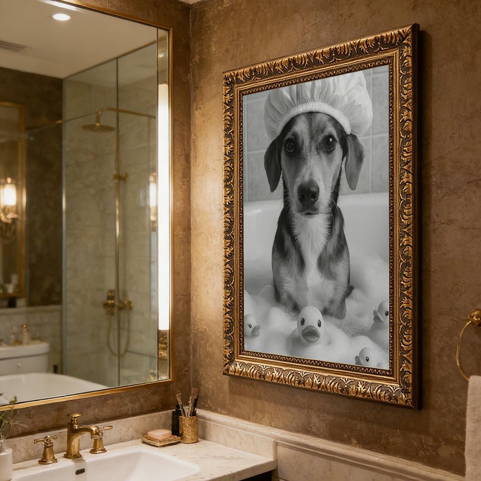 Lustiger Hund in der Badewanne, niedlicher Welpe mit Duschhaube, Leinwand-Poster, Wandkunst für Wohnzimmer und Schlafzimmer, 61 x 91,4 cm