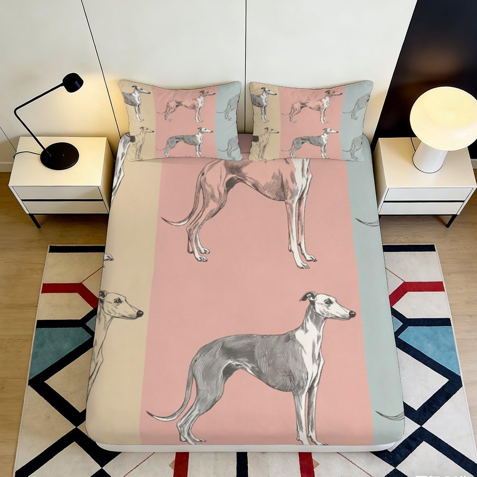 3D Printed Greyhound Pattern Fitted Sheet Microfiber Deep Pocket Non-Slip Bedroom Bedding Greyhound Mattress Fitted Cover Washable 140x200x25cm