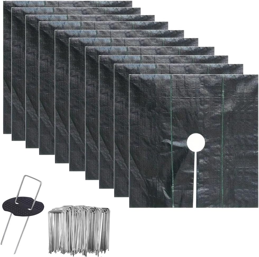 10 Pack Garden Tree Disc Mulch Mats - 60cm Grass Control Protection with Ground Pegs Weed Barrier for Landscaping Plant Care Accessories