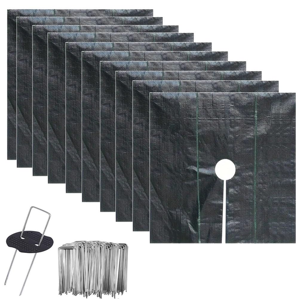 10-Pack Garden Control Mats with Ground Pegs - 100cm Black PP Mulch Mats for Trees & Plants Weed Barrier Durable Eco-Friendly Gardening Solution