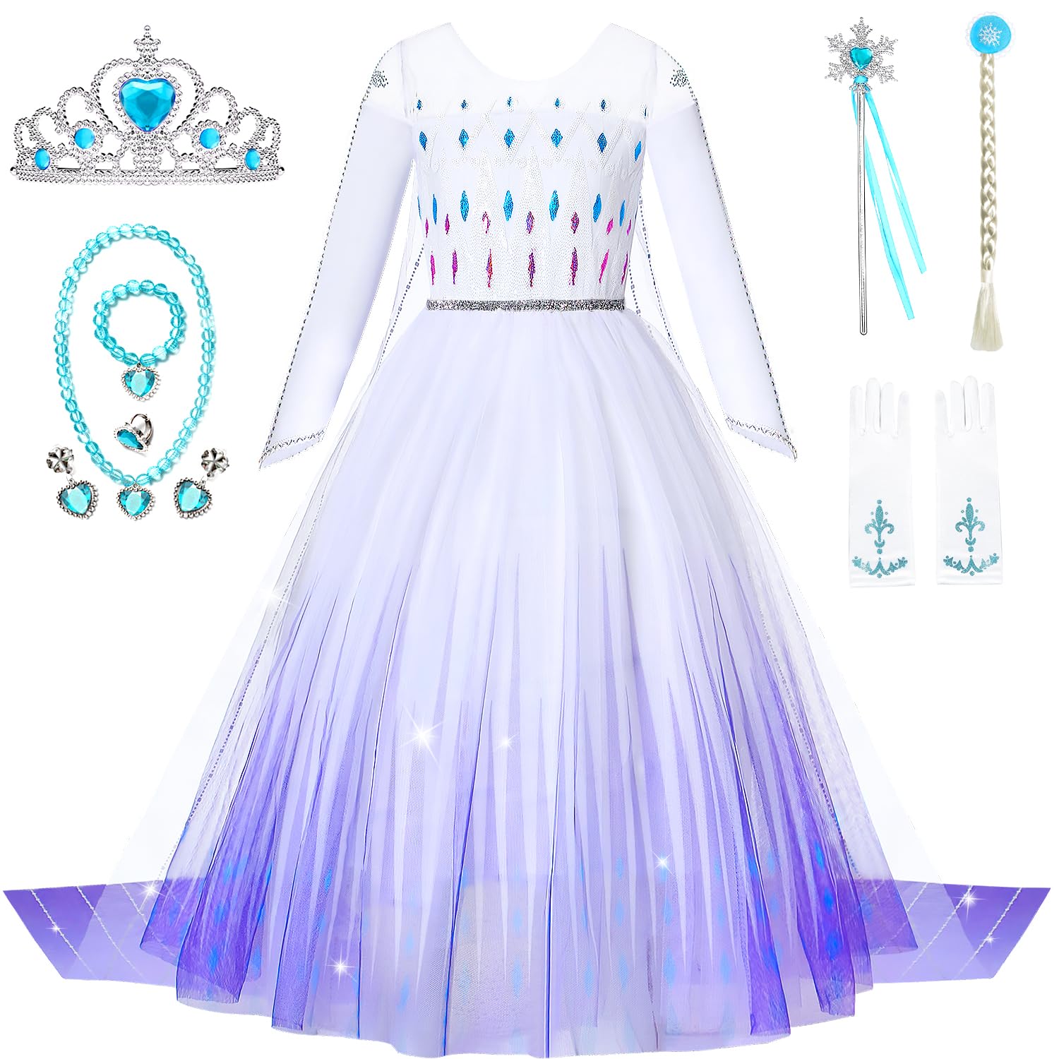 Axwcon Girls Princess Elsa Dress Costume with Waist Sequins, Detachable Cape, Halloween Christmas Kid Snow Queen Dress Up