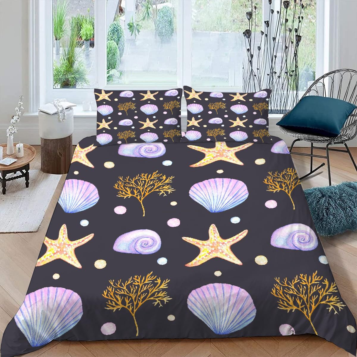 Parure de lit maritime 240x260 cm en microfibre avec housse de couette coquillage et taies d'oreiller