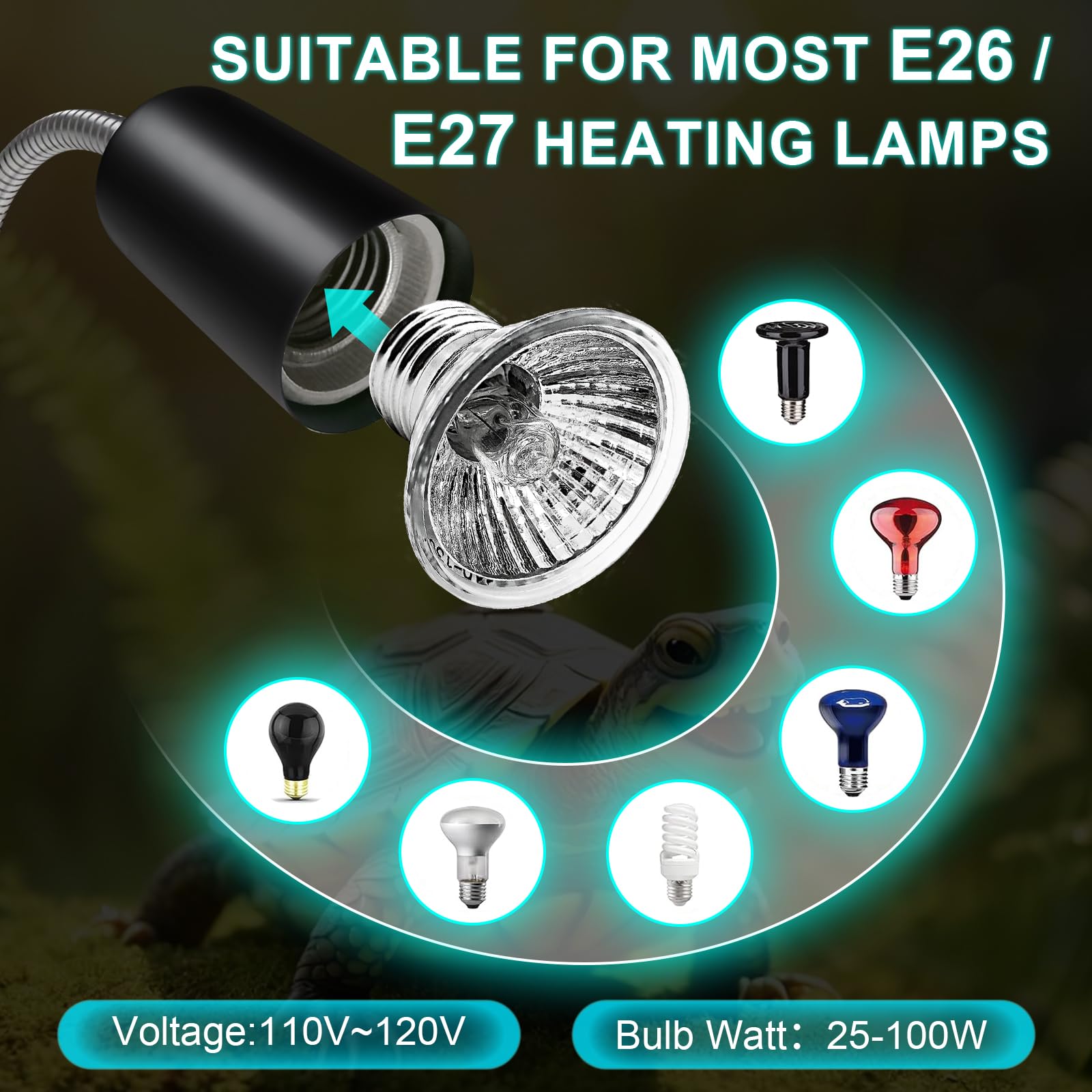 Reptile Heat Lamp Turtle Light - Long Lasting Ceramic Socket Basking Lamp with Auto Timer & Dimmer, 2 E27 Bulbs (25W & 50W) with UVB Support & Test Card for Turtles, Tortoises, Bearded Dragons, Geckos - image 7
