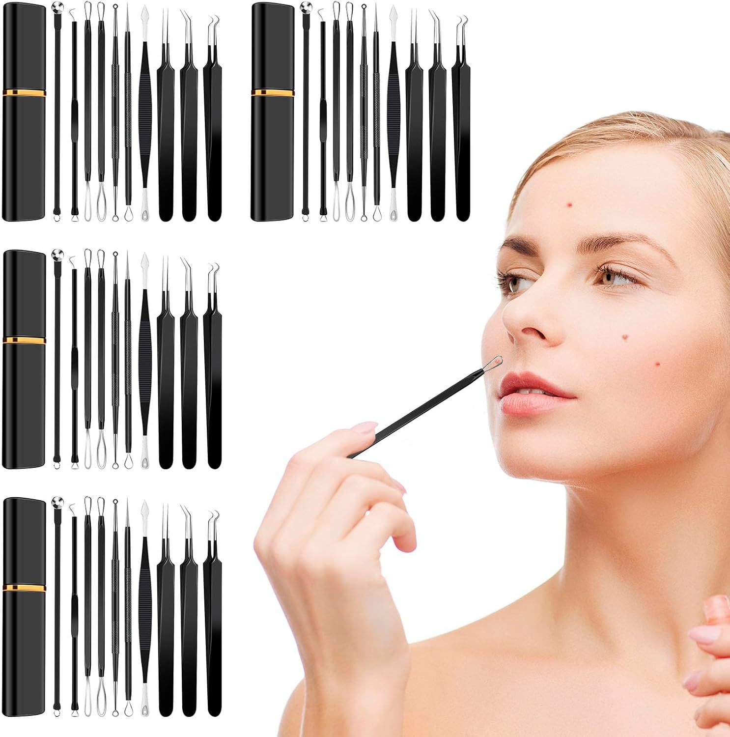 4 Sets (40Pcs) Professional Pimple Popper Tool Kit, Bulk Blackhead Remover Tools for Salons Estheticians, Stainless Steel Comedone Extractor Set with Metal Case for Beauty Supply