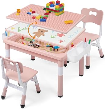 Kids Table and Chairs Set Large Storage, Height Adjustable | Toddler Activity Table and 2 Chairs Set, 34.6x24.8" Graffiti/Block Building Desktop, 4 Side Box, Kids desk for Home Preschool