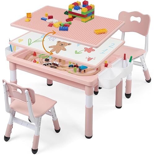 Kids Table and Chairs Set Large Storage, Height Adjustable Toddler Activity Table and 2 Chairs Set, 34.6x24.8" Graffiti/Block Building Desktop, 4 Side Boxes, Kids desk for Home, Preschool, Classroom