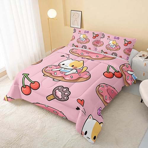 Miniatura 3 de QOOMO Edredón de Gato Kawaii Tamaño Full, Juego de Edredón de Gato Dona Cereza para Niños Adolescentes Niñas, Juego de Ropa de Cama de 3 Piezas