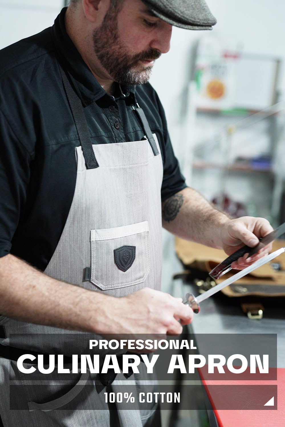 Dalstrong– Delantal profesional de chef – The Gandalf – Mezclilla gris – Detalles de piel – Ajustable