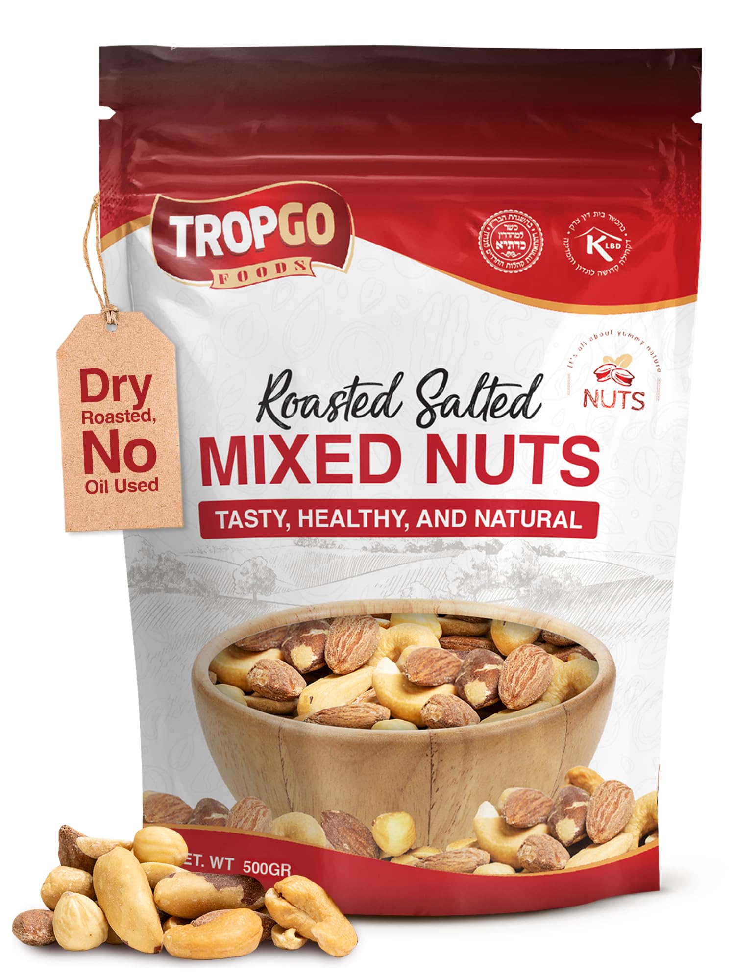 Tropgo Mixed Nuts Roasted Salted 500g - Dry Roasted, No Oil Used, Nut Snacks with Fibre, Protein, Minerals - Ideal for Snacking, Includes Almonds, Brazil, Cashews, Peanuts, Hazelnuts