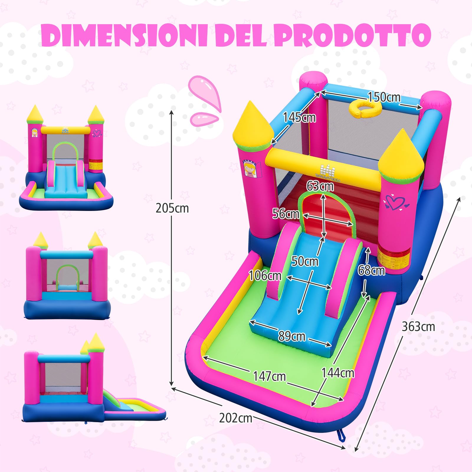 COSTWAY 4-in-1 Castello Gonfiabile per Bambini, Castello a Tema Principessa con Scivolo, Area Salto, Canestro da Basket e Vasca per Palline, Giochi Gonfiabile per 3-12 Anni (Senza Soffiatore)