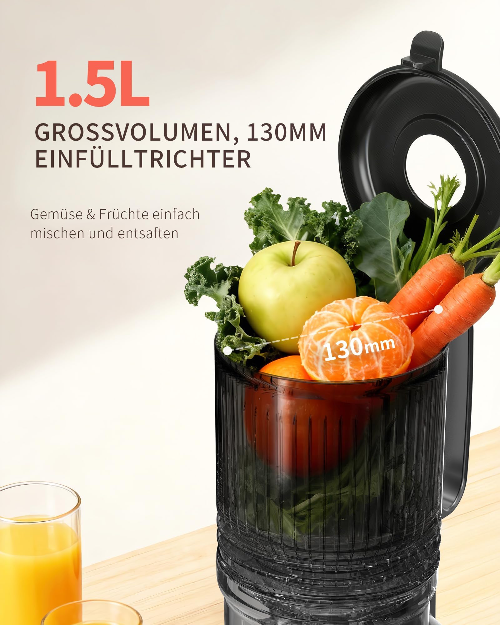 Exprimidor de verduras y frutas ganador de la prueba – Exprimidor lento con 130 mm extra ancho, tecnología de prensado en frío (300 W), alto rendimiento de zumo, silencioso y fácil de limpiar