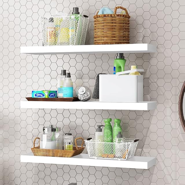 FACOKOLA White Floating Shelves Wall Mounted Set of 3,Wooden Wall Storage Shelf with Invisible Brackets,Decorative Display Shelf Unit Organizer for Living-Room,Bedroom,Bathroom,Kitchen