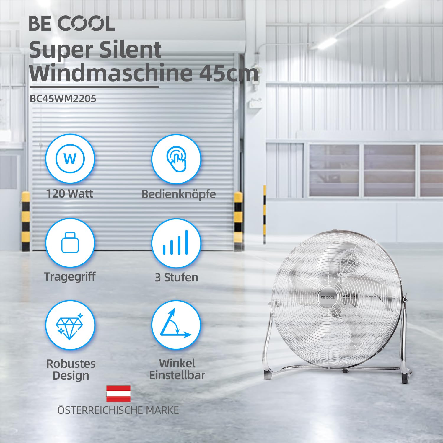 BE COOL Windmaschine 45cm BC45WM2205 – Ø 45 cm, 120 Watt, Aluminium-Design, Neigung stufenlos verstellbar, chrom