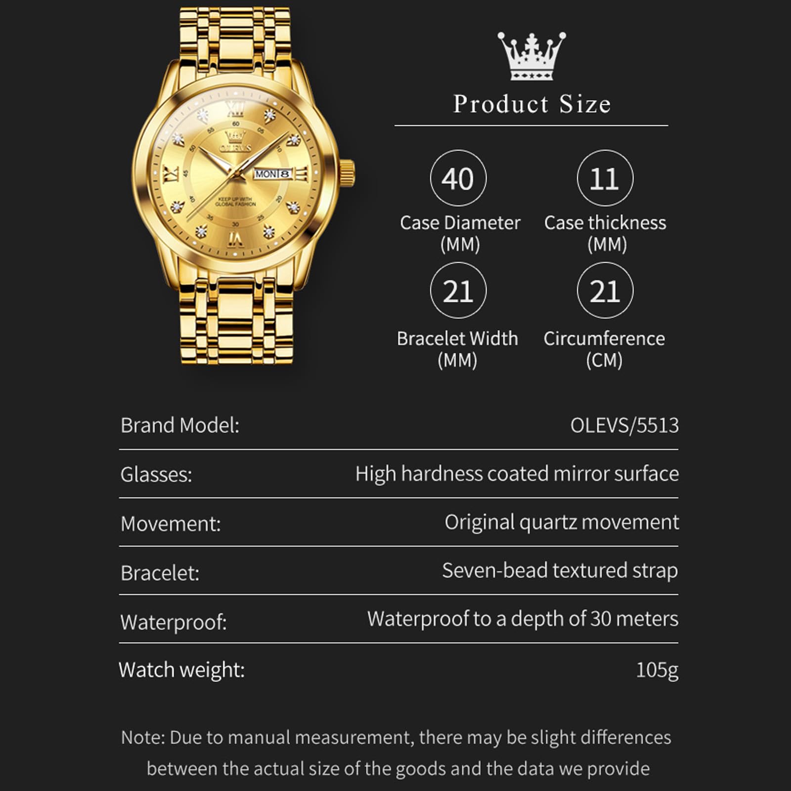 OLEVS Męski zegarek, wielotarczowy, wodoodporny, świecący chronograf, męski zegarek z datownikiem, prezent dla mężczyzn, klasyczny męski zegarek na rękę, zegarki luksusowe, Zc-5513 - całkowicie złoty