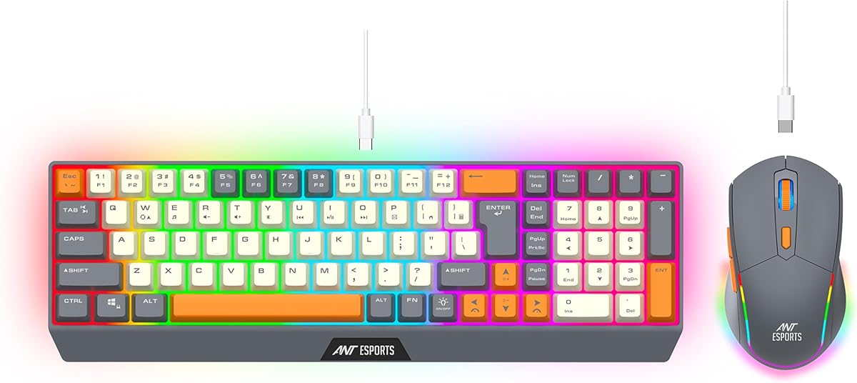 Ant Esports KM590 Pro Wireless Gaming Keyboard and Mouse Combo – 2.4GHz, RGB Rainbow LED, Rechargeable, 85 Keys Membrane Keyboard, 6-Button Wireless Mouse with USB Type-C Cable_ Grey-Orange- Beige