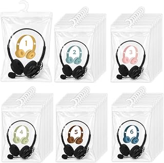 36 Pack Classroom Headphone Bags 9 x 11.8 inch Multi PVC Clear Plastic Organizer Hook Hanging Storage Bags with Headphone Number Stickers Reusable Waterproof for Classroom Library Hanger