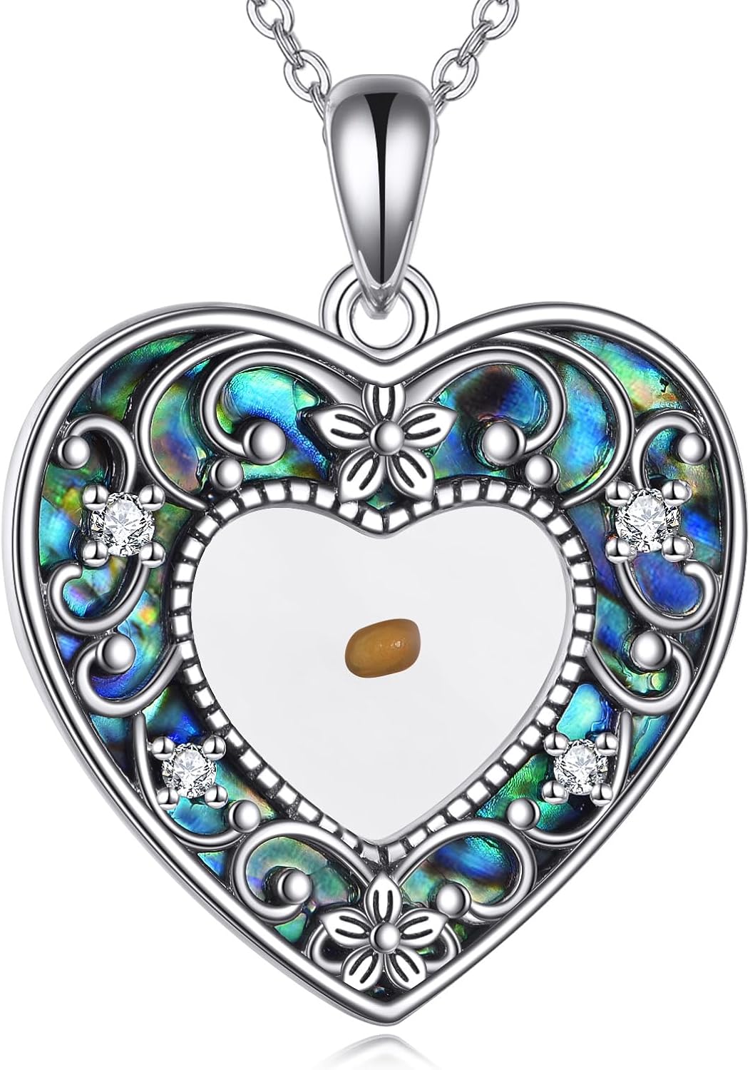 Filigree Mustard Seed Necklace S925 Sterling Silver Heart Mustard Seed Pendant Abalone Shell Faith Jewelry For Women Female