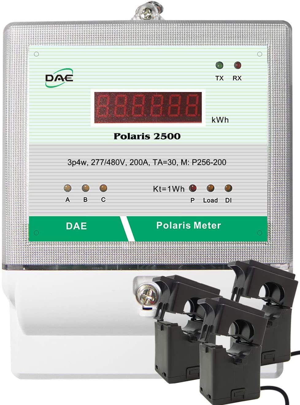 DAE P256-1000 KIT, UL 1000A kWh Meter 3 Phase 277/480V 50/60Hz RS485, 3 Split CTs (2", 2" Inner Dimension)