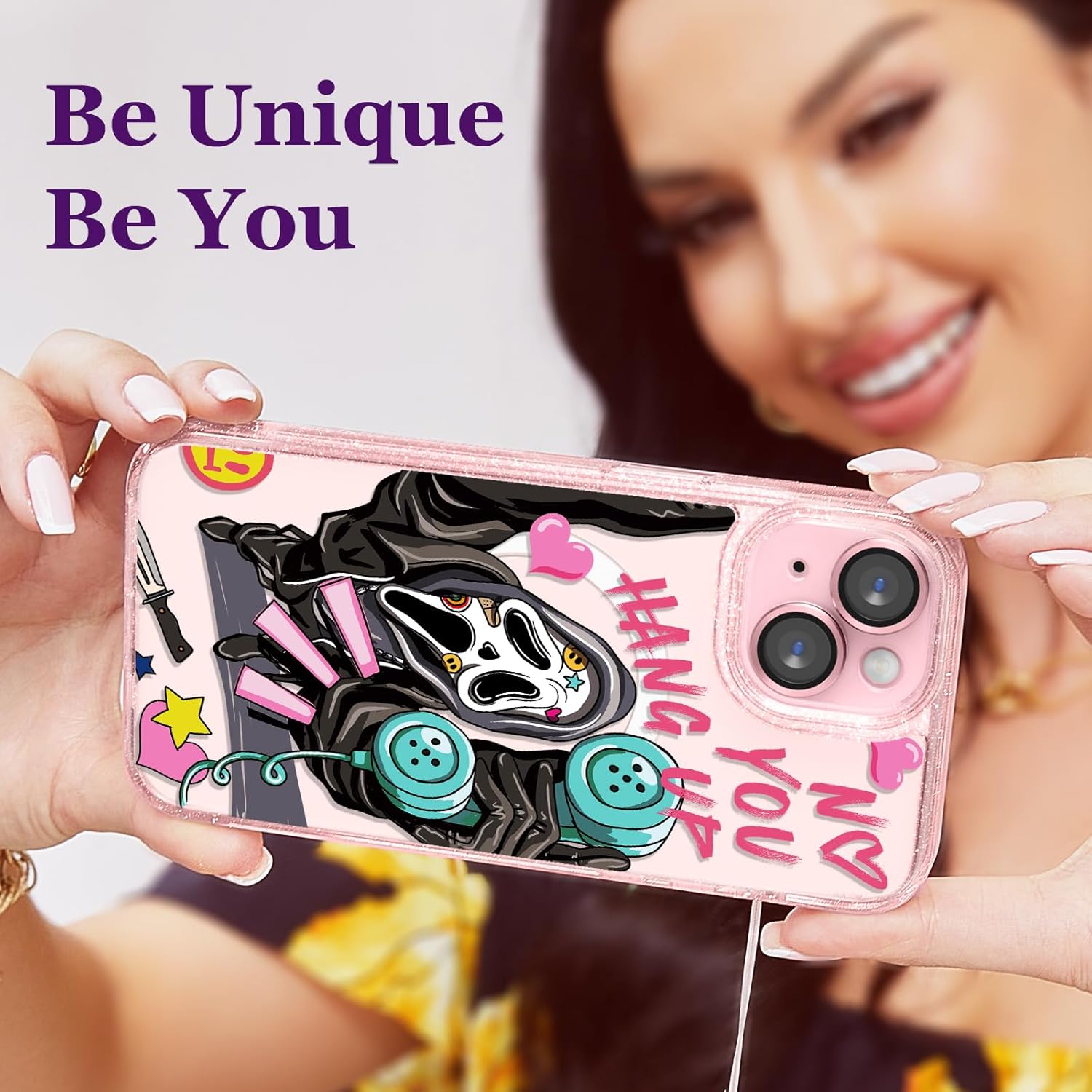 Magnetic for iPhone 15 Magsafe Case Cute Aesthetic - Glitter Pink Phone Case with Camera Protector - Girly Skeleton Skull Pattern Print Cover Design for Woman Girl 6.1"