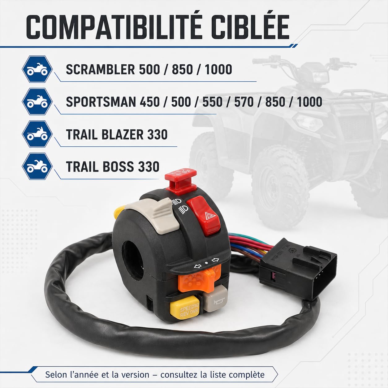 Commodo multifonction de guidon gauche compatible avec certains modèles Polaris Scrambler 500/850/1000, Sportsman 450/500/550/570/850/1000, Trail Blazer/Trail Boss 330, remplace 4012435/4013074